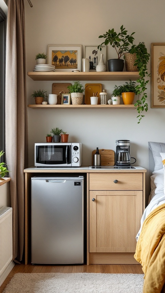 A stylish mini kitchen setup in a dorm room featuring a fridge, microwave, coffee maker, and decorative plants.