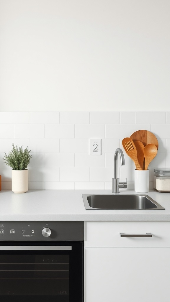 Minimalist kitchen countertop with utensils and a plant