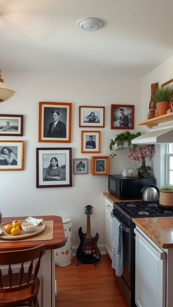 A cozy kitchen featuring framed photographs on the walls, a wooden table with fruits, and a guitar in the corner.