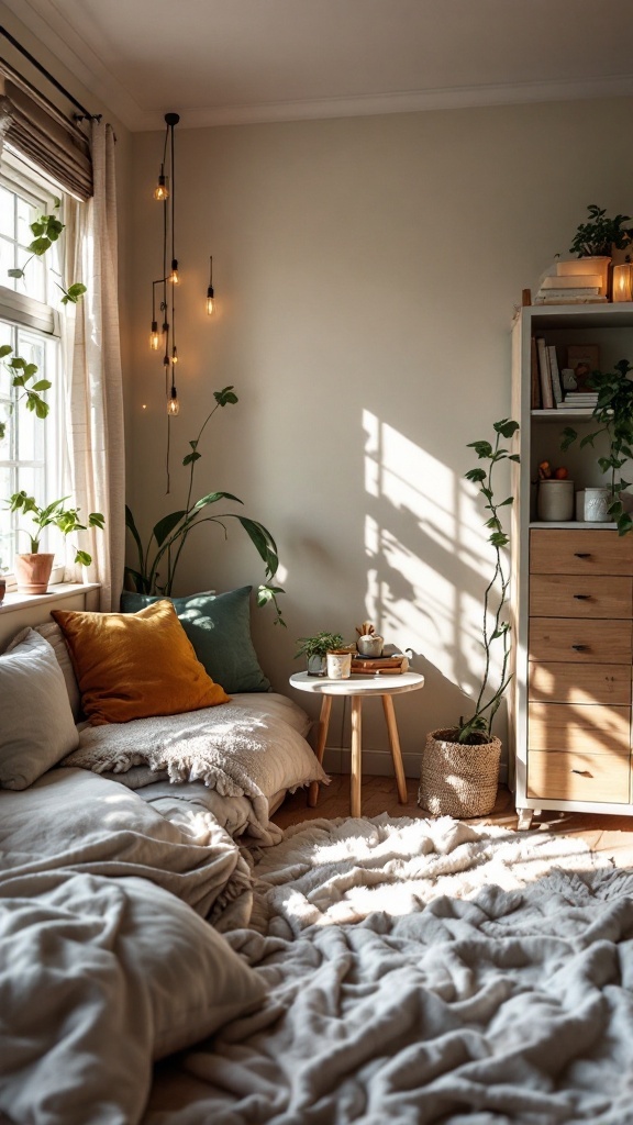 A cozy dorm room corner with a comfortable couch, soft blankets, and warm lighting