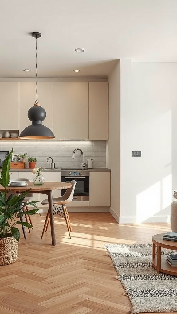 A modern open kitchen with a dining area, featuring natural light and minimalist decor.