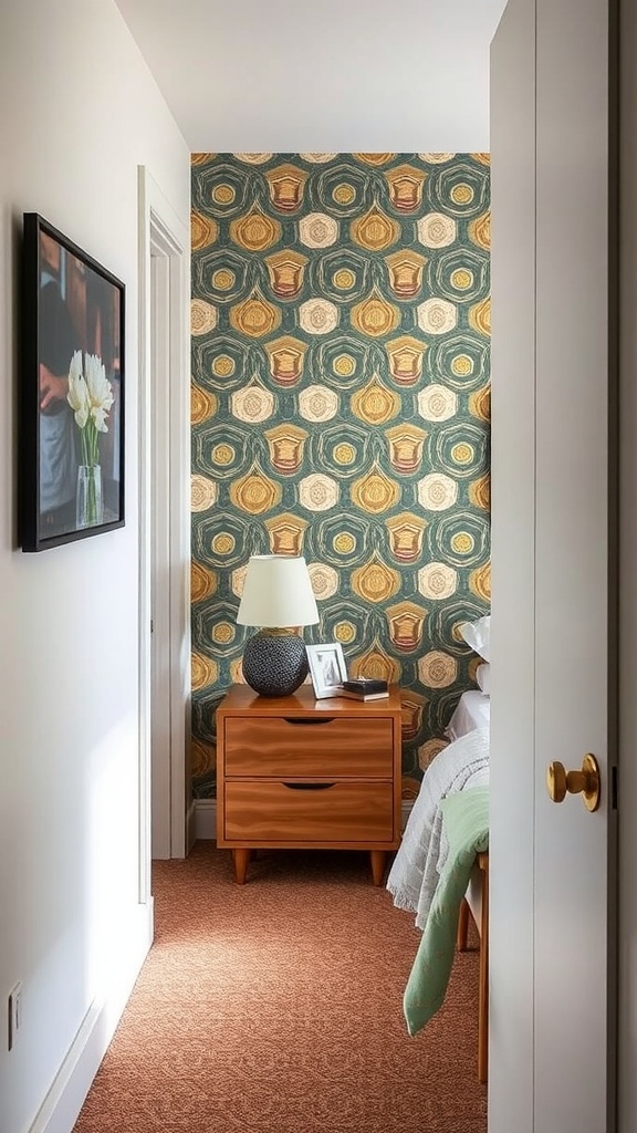 A narrow bedroom with a bold patterned statement wall featuring earthy tones, a wooden nightstand with a lamp, and a cozy bed.