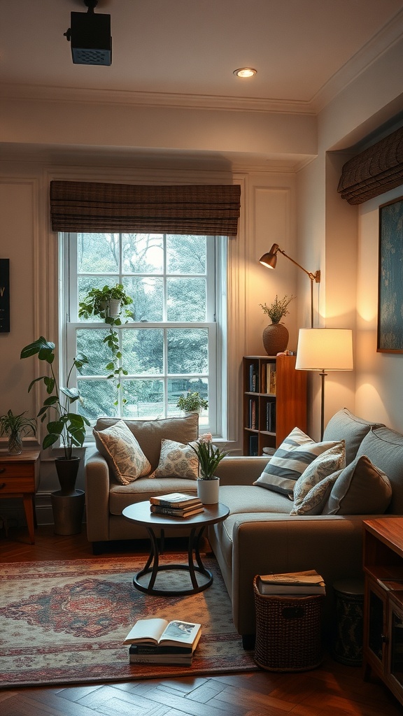 A cozy living room nook with a sofa, coffee table, and plants by the window.