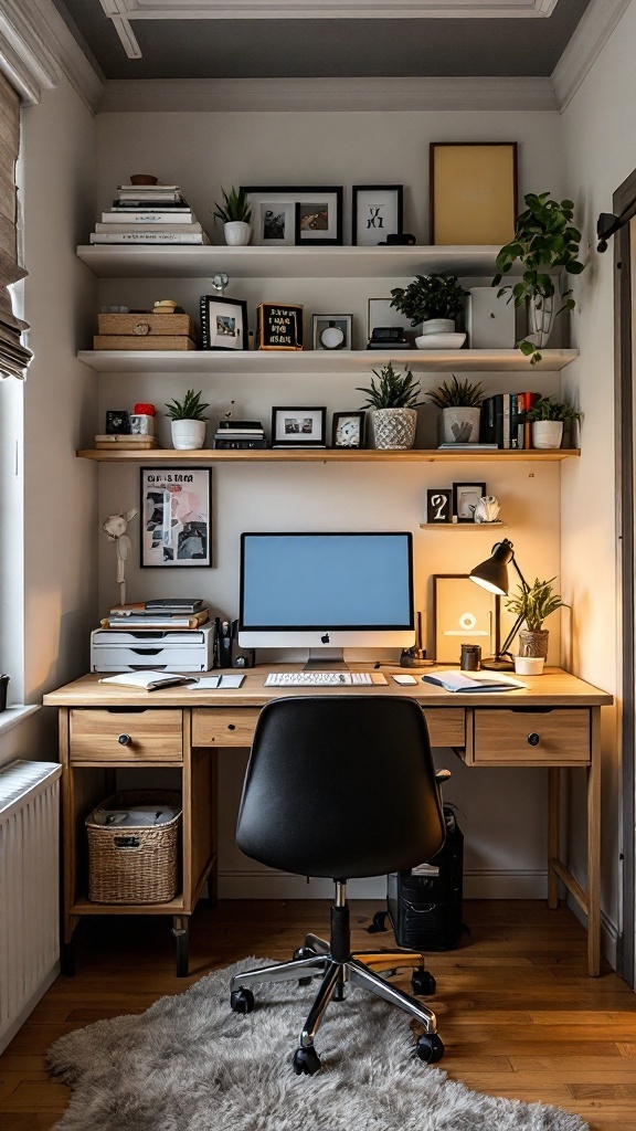 A stylish desk setup with plants, books, and organized stationery.