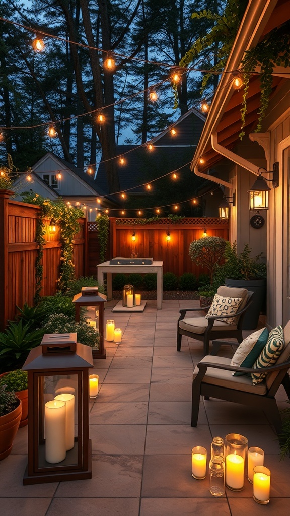 A beautifully lit patio with string lights, lanterns, and candles creating a warm evening atmosphere.