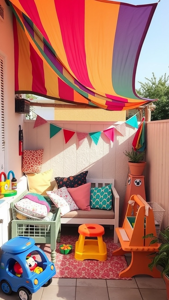 Patio area with colorful canopy and kids' play items