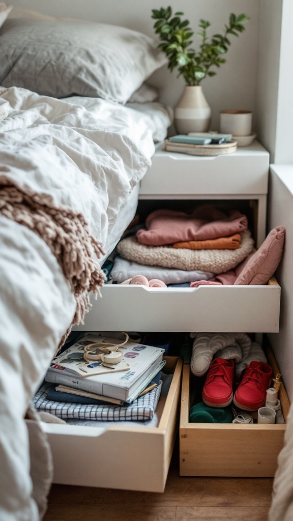 Under-bed storage with drawers and bins organized with clothes and shoes