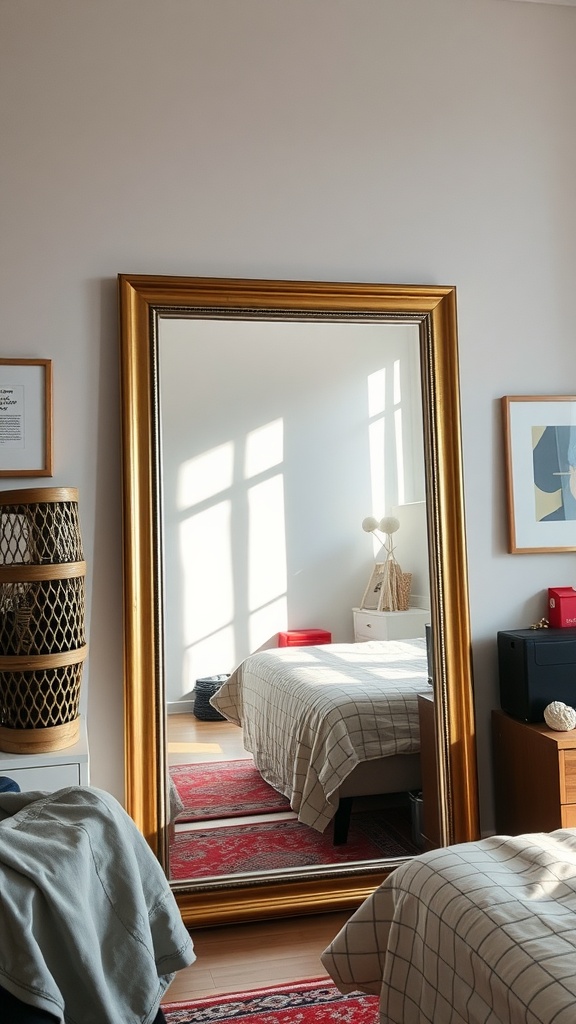 A stylish large mirror reflecting light in a cozy dorm room setting.