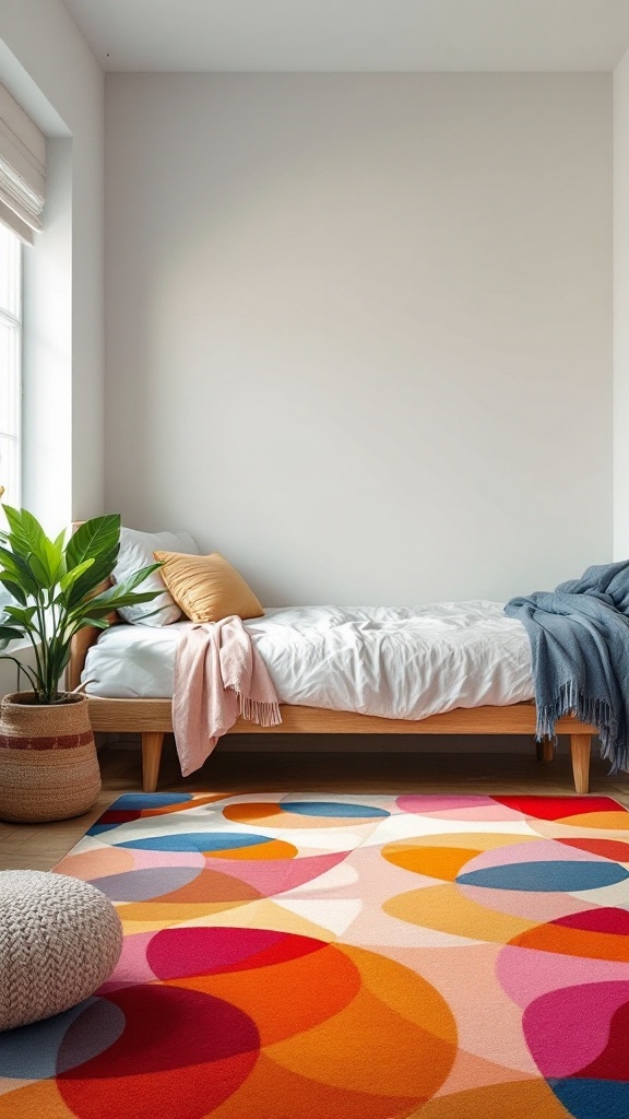 A cozy dorm room featuring a colorful rug, a bed with white bedding, and a plant.