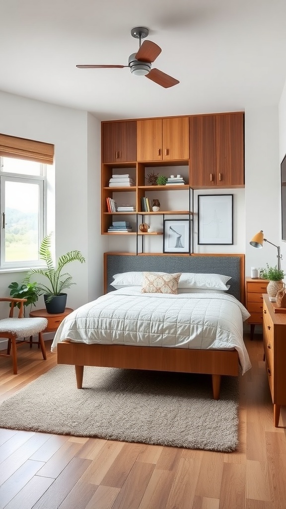 A mid-century bedroom featuring a wooden bed, organized shelves, and plants, showcasing creative use of space.