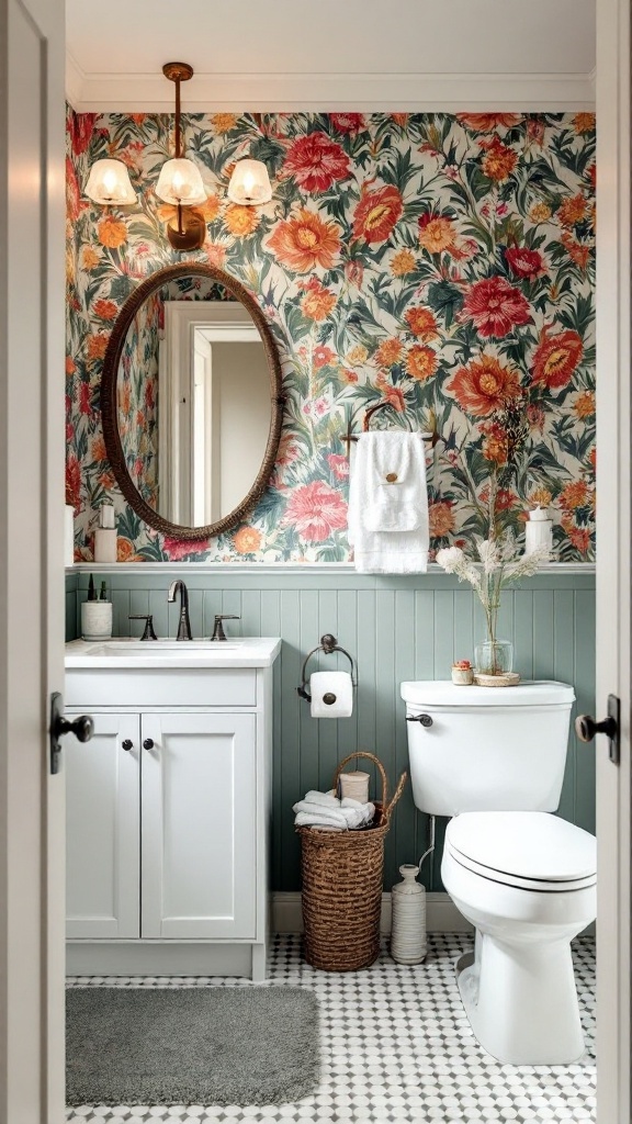 Bright floral wallpaper in a stylish bathroom decor