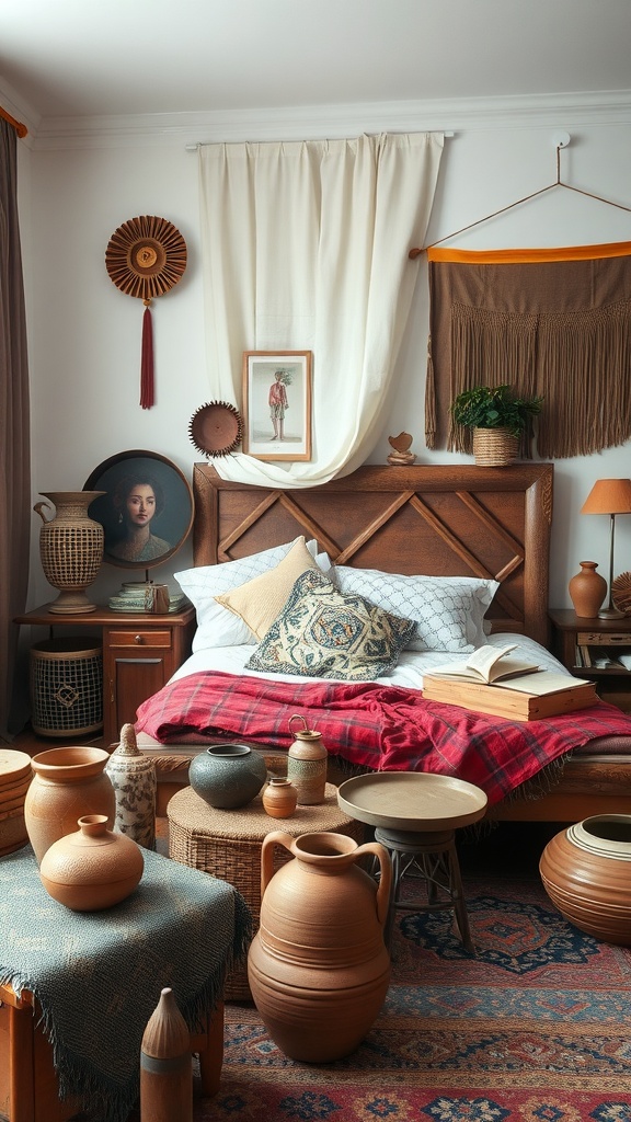 A cozy bohemian bedroom featuring Moroccan style decor with cultural artifacts like clay pots, woven baskets, and vibrant textiles.