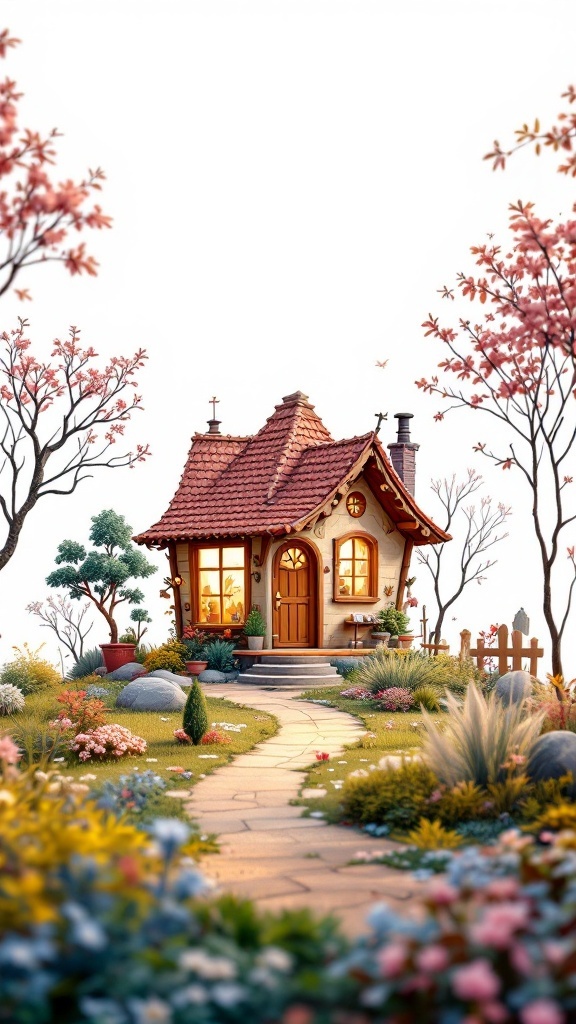 A cozy tiny house with a red roof surrounded by colorful flowers and trees.