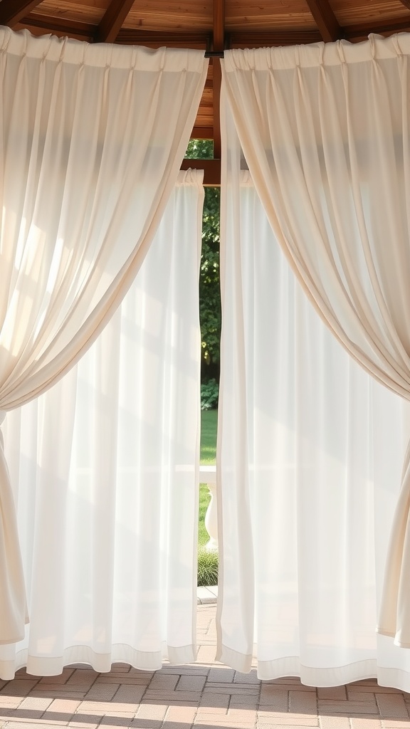 Light, airy curtains in a gazebo, providing privacy and a cozy atmosphere.