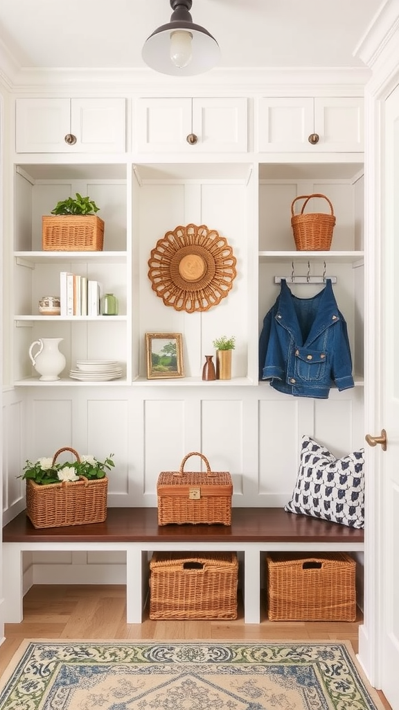 A cozy space with custom built-in shelves, displaying decorative baskets, a jacket, plants, and framed art.