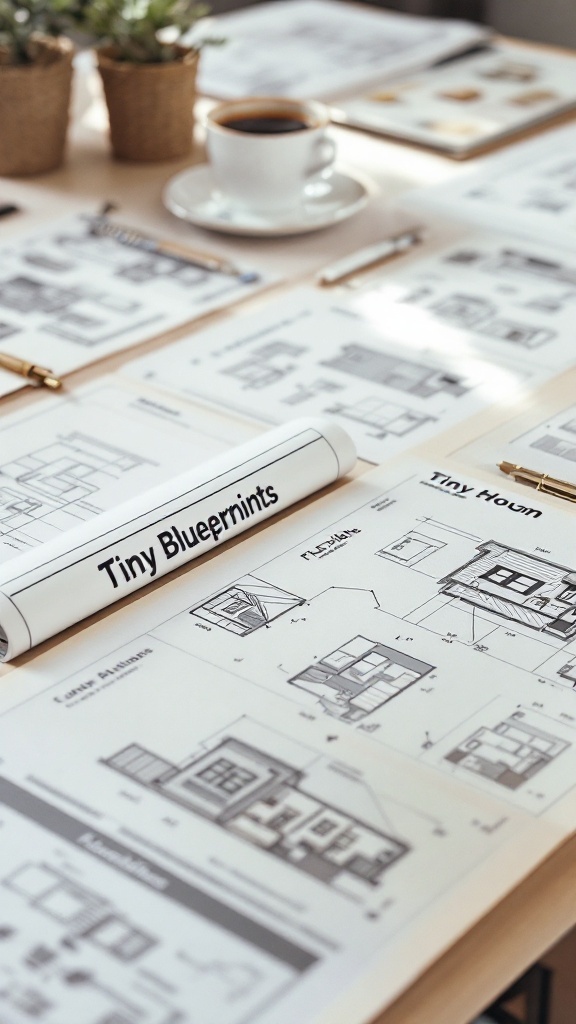 Blueprints and designs for customizable tiny homes on a table.