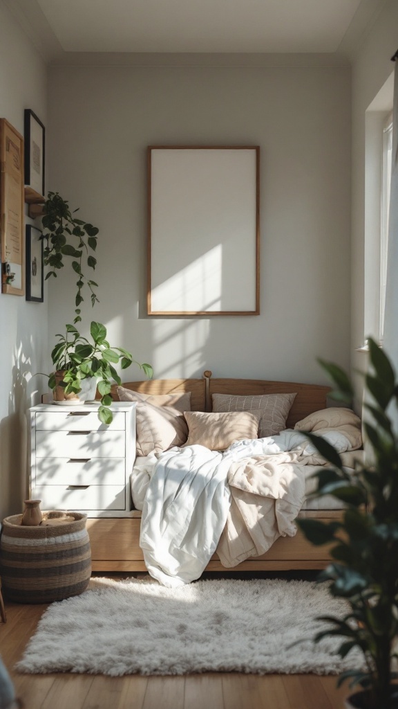 A cozy small bedroom with a neatly made bed, white dresser, plants, and natural light.