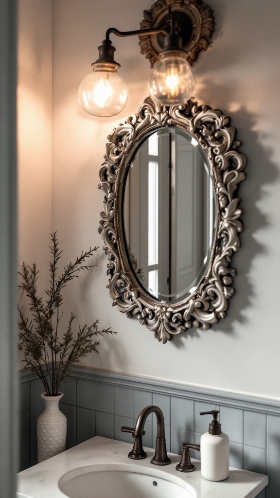 A beautifully framed decorative mirror above a sink in a farmhouse-style bathroom, with stylish lighting and greenery.