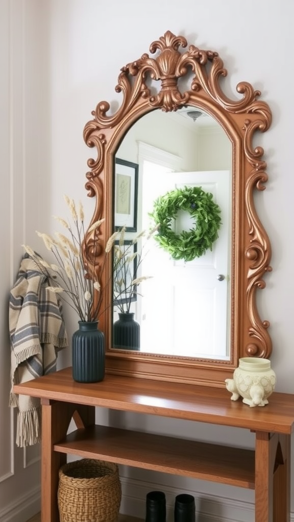 A beautifully styled decorative mirror with an ornate frame above a wooden table, featuring a vase and a woven basket.