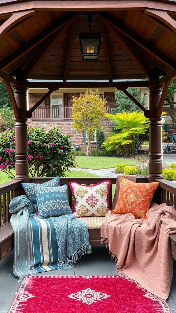 A cozy gazebo with decorative pillows and throws on the seating area.