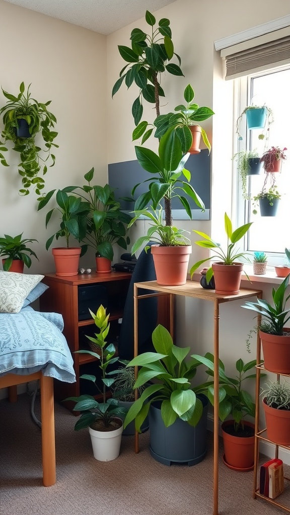 A corner of a dorm room filled with various decorative plants in potters.