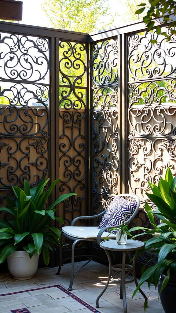 A decorative privacy screen made of intricate metalwork, with a chair and plants in a patio setting.