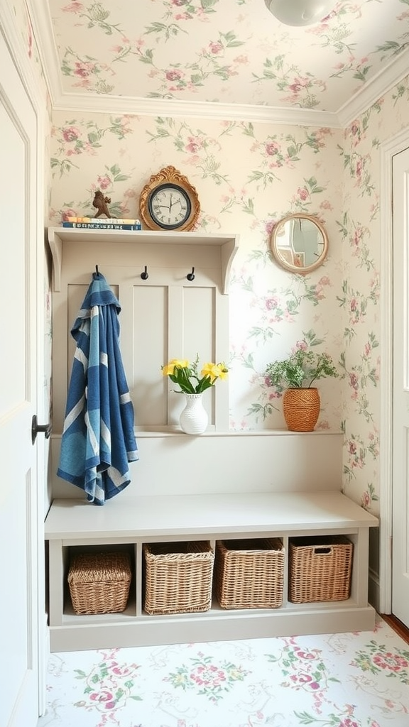 A cozy entryway with floral wallpaper, a clock, and decorative elements.