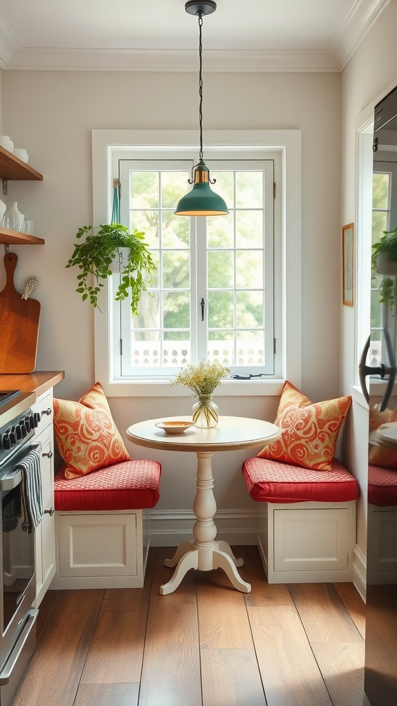 A cozy breakfast nook with red cushioned seats and a small round table by a window