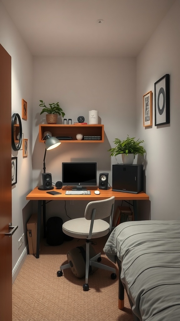 A compact workspace in a small bedroom featuring a desk, computer, and decorative elements.