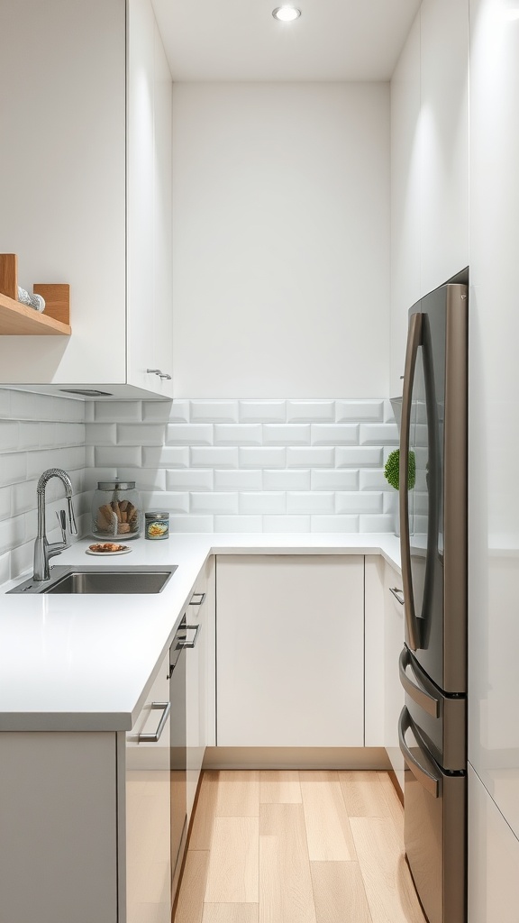 A modern small kitchen with easy-to-clean surfaces, featuring a sleek countertop and glossy backsplash.