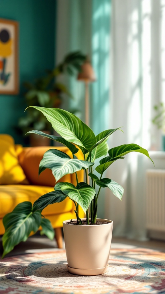 A Dieffenbachia plant with large green leaves in a cozy living room setting.