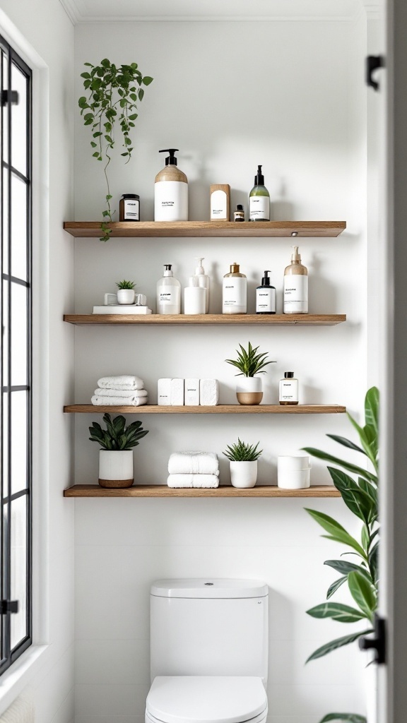 A bathroom featuring DIY floating shelves with plants and neatly arranged toiletries.