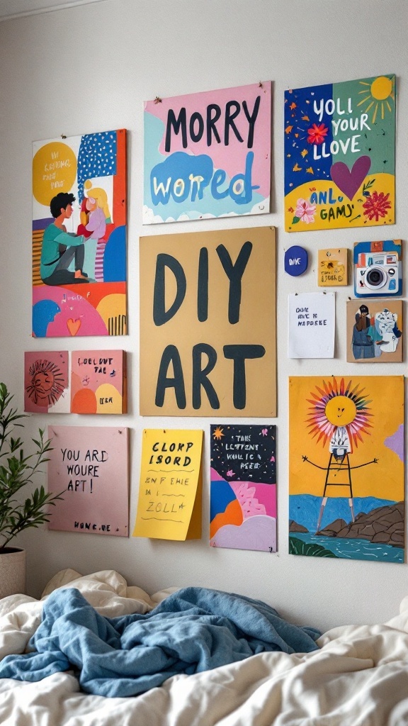 Colorful DIY wall art displayed in a cozy dorm room