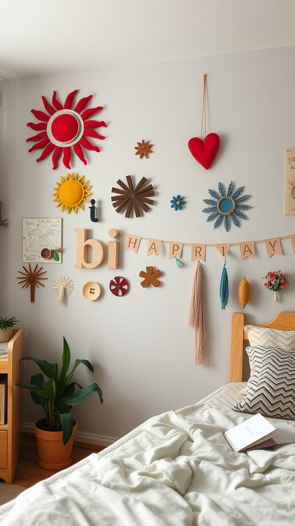 Colorful DIY wall decor in a dorm room, featuring various shapes and textures.