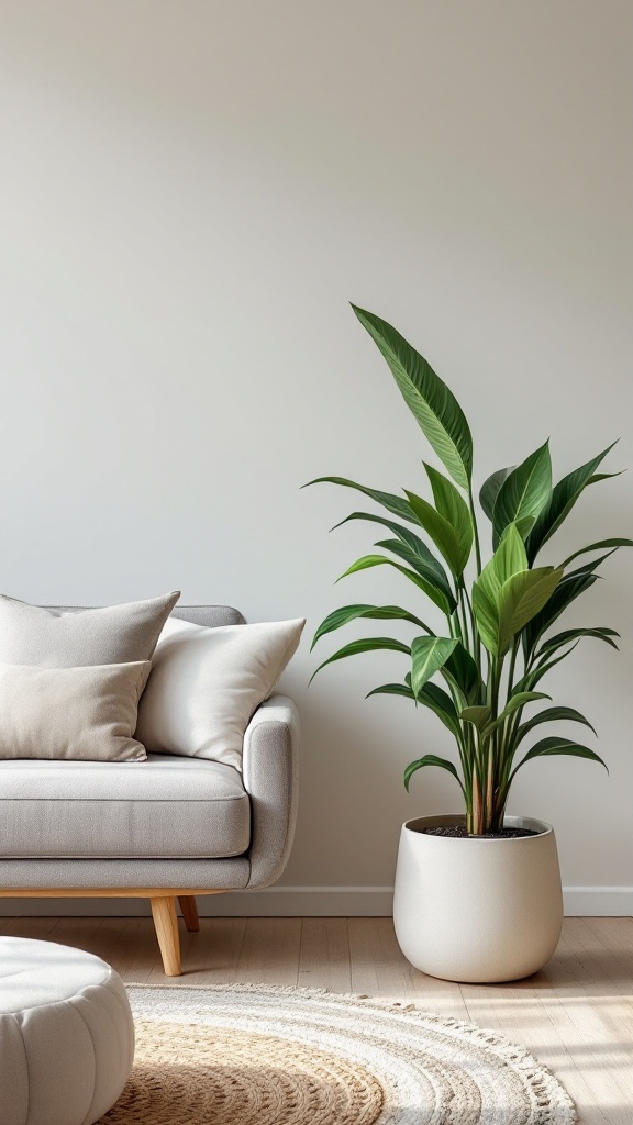 A tall Dracaena plant in a modern living room setting with a sofa and decorative elements.