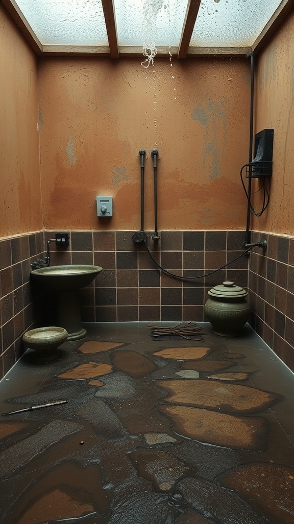 A rustic wet room with earthy tones, showcasing a warm color palette and natural materials.