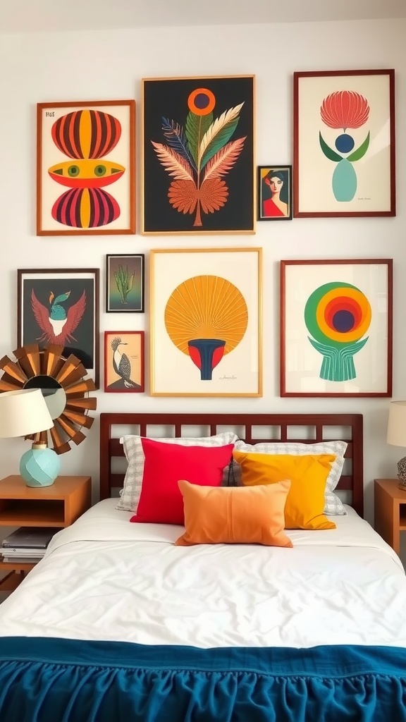 Eclectic art displays in a mid-century bedroom featuring colorful framed prints and decorative pillows.