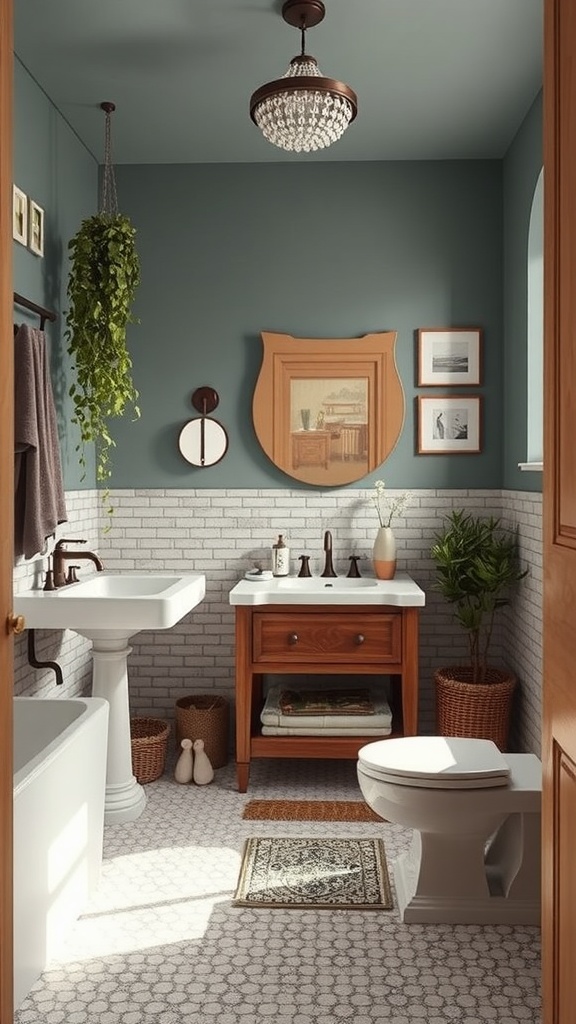 A stylish eclectic bathroom featuring a mix of vintage and modern designs.