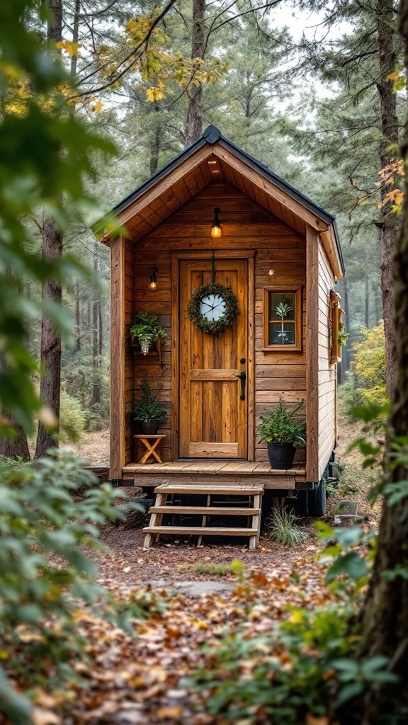 A cozy eco-friendly tiny house surrounded by trees, showcasing a wooden facade and a welcoming entrance.