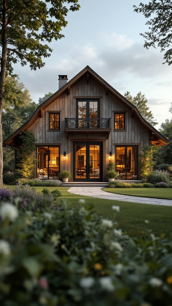 A charming barn-style home with wooden exterior and large windows, surrounded by greenery.