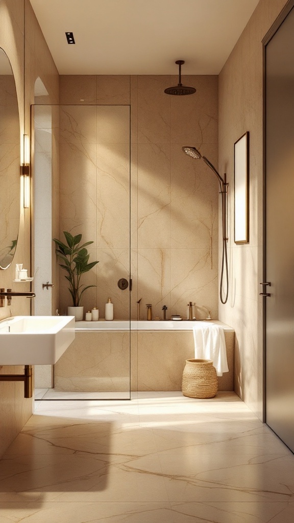 Elegant bathroom with natural tones, sleek fixtures, and a calming atmosphere.