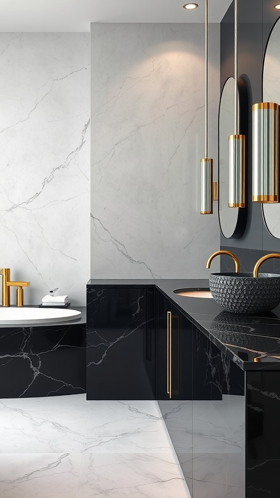 Elegant bathroom featuring black marble surfaces and gold fixtures.