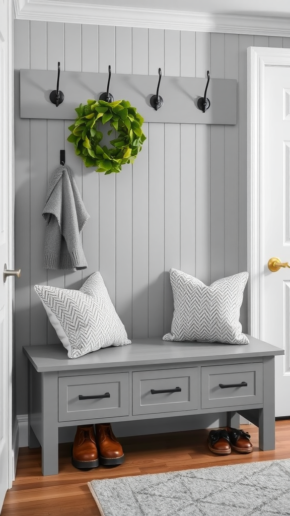 A stylish grey bench with pillows and a wreath, set against a gray wall.