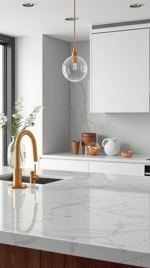 A modern kitchen countertop featuring elegant marble with a golden faucet and decorative items.