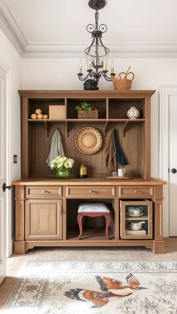 A beautifully designed mudroom island with wood features, storage, and decorative items.