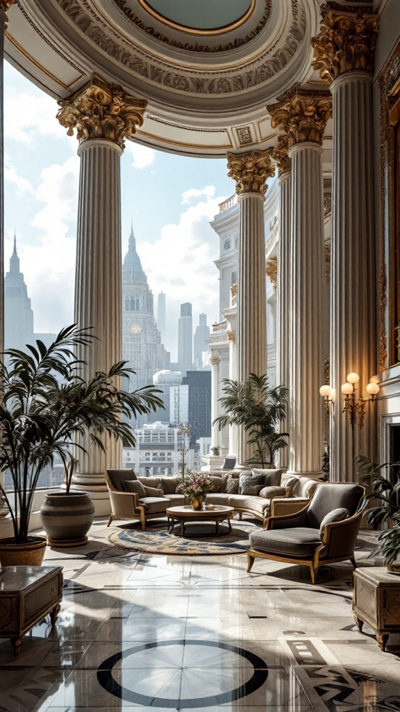 Luxurious penthouse interior featuring grand columns, elegant furniture, and a view of the city skyline.