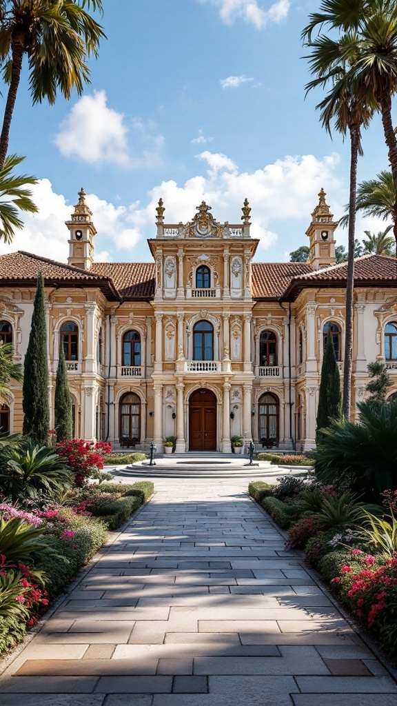 Elegant Spanish palace with Baroque architecture and beautiful gardens.