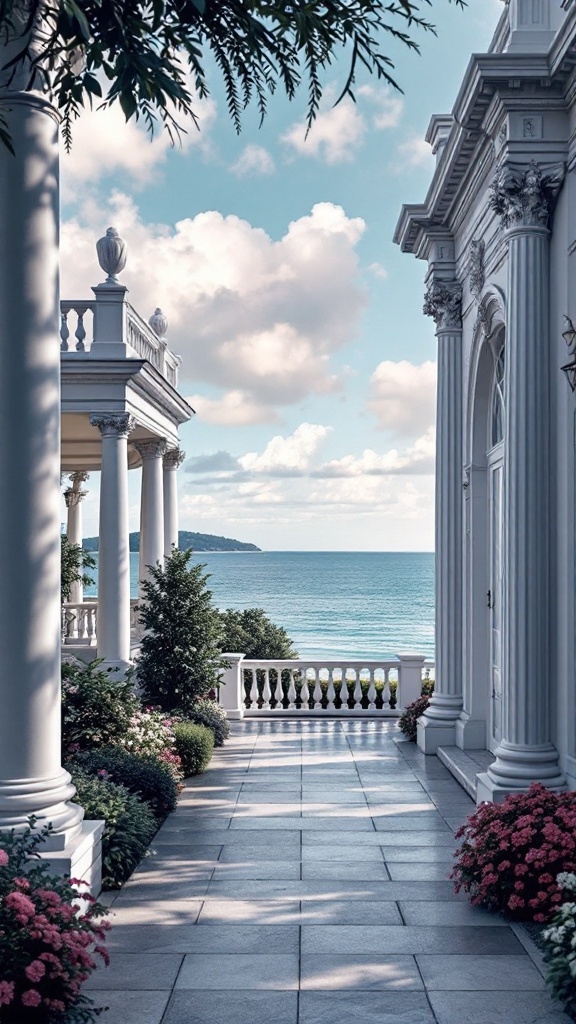 Pathway leading to a luxurious waterfront mansion with columns and a view of the ocean.