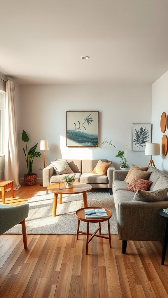 A bright and inviting living room with cozy sofas, natural wood elements, and plants.