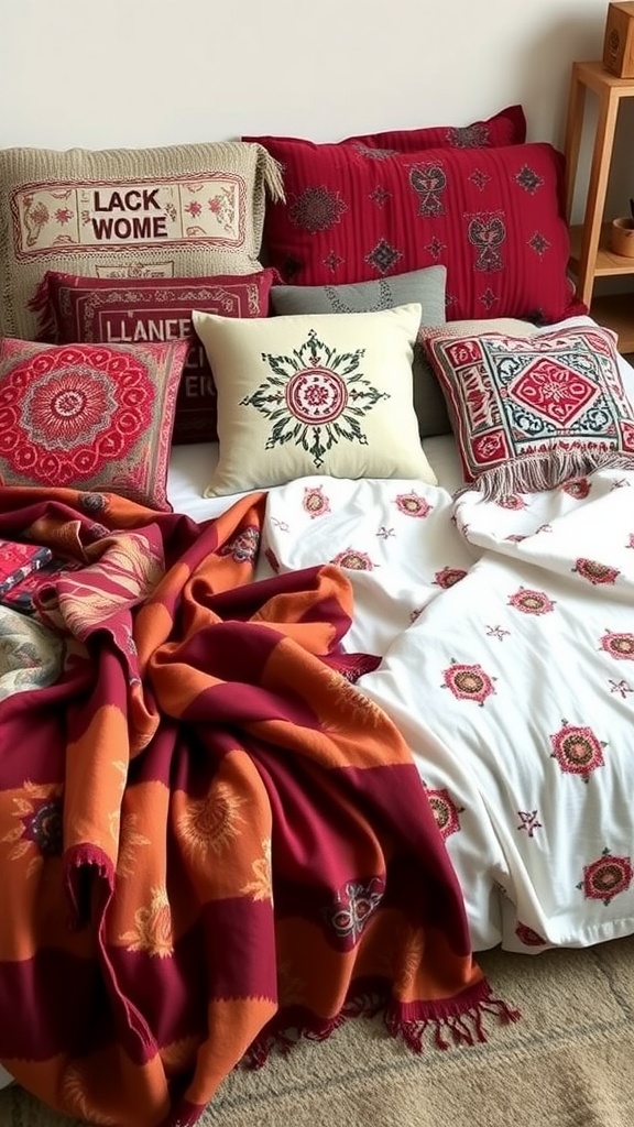 A cozy bohemian bedroom with embroidered pillows and colorful throws.